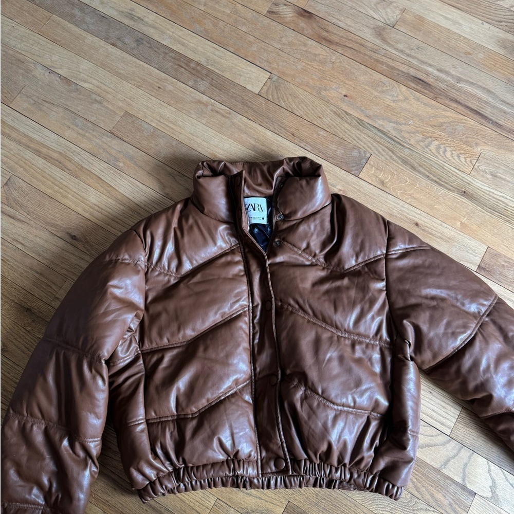 Zara Brown Leather Puffer Jacket